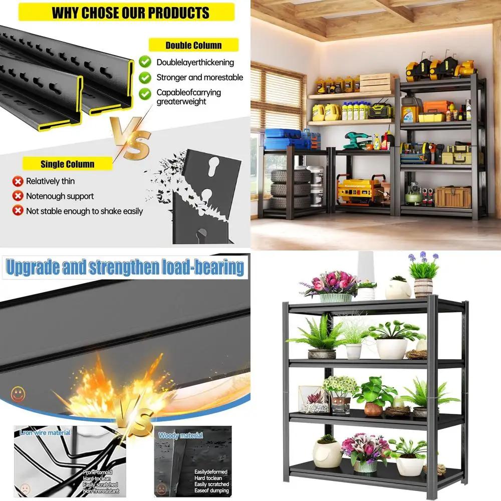 

Регулируемый 4-ярусный металлический стеллаж для гаража, усиленный, двухслойный, с ребристой конструкцией, выдерживает нагрузку 600-3600 фунтов, черный, 24x14x47 дюймов