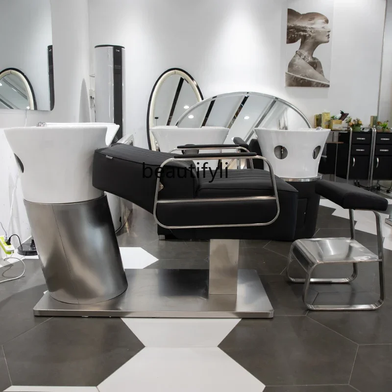 

smt03 Shampoo Chair High-End Stainless Steel Flushing Bed Salon Half Lying Massage Couch Ceramic Deep Basin
