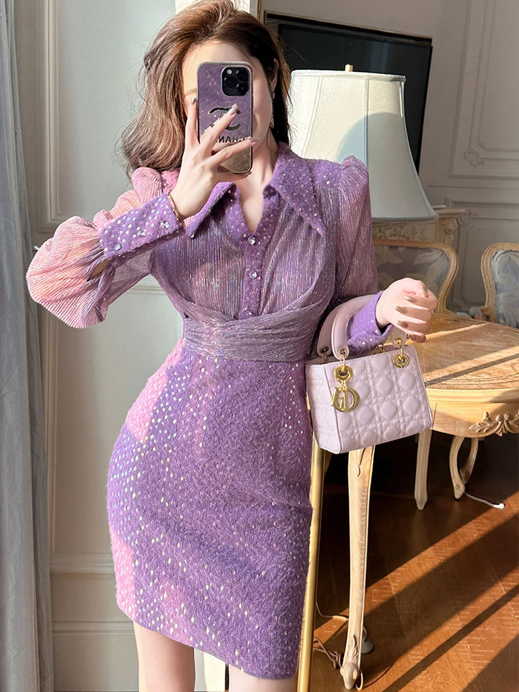 Exquisite Prom Dresses Women's Fashion Purple Twisted Polo Collar Bright Sequins Sheer Mesh Bodycon Short Gown Party Vestidos