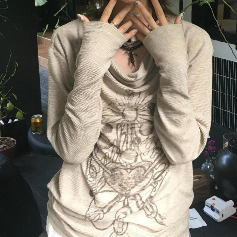 

Y2k Эстетические винтажные осенние топы с принтом, уличная одежда для мужчин и женщин, плиссированные футболки с вырезами, 2025 г., женские гранж-футболки ​ Футболки Harajuku