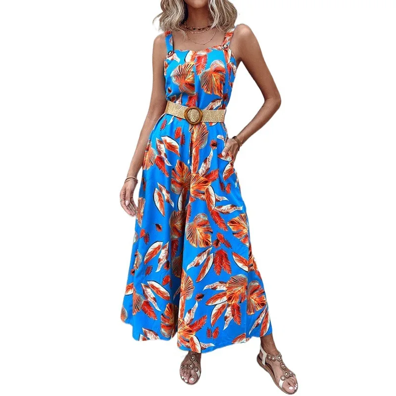 Women's temperament fashionable shoulder straps backless printed waistband jumpsuit summer autumn wide leg pants with waist belt