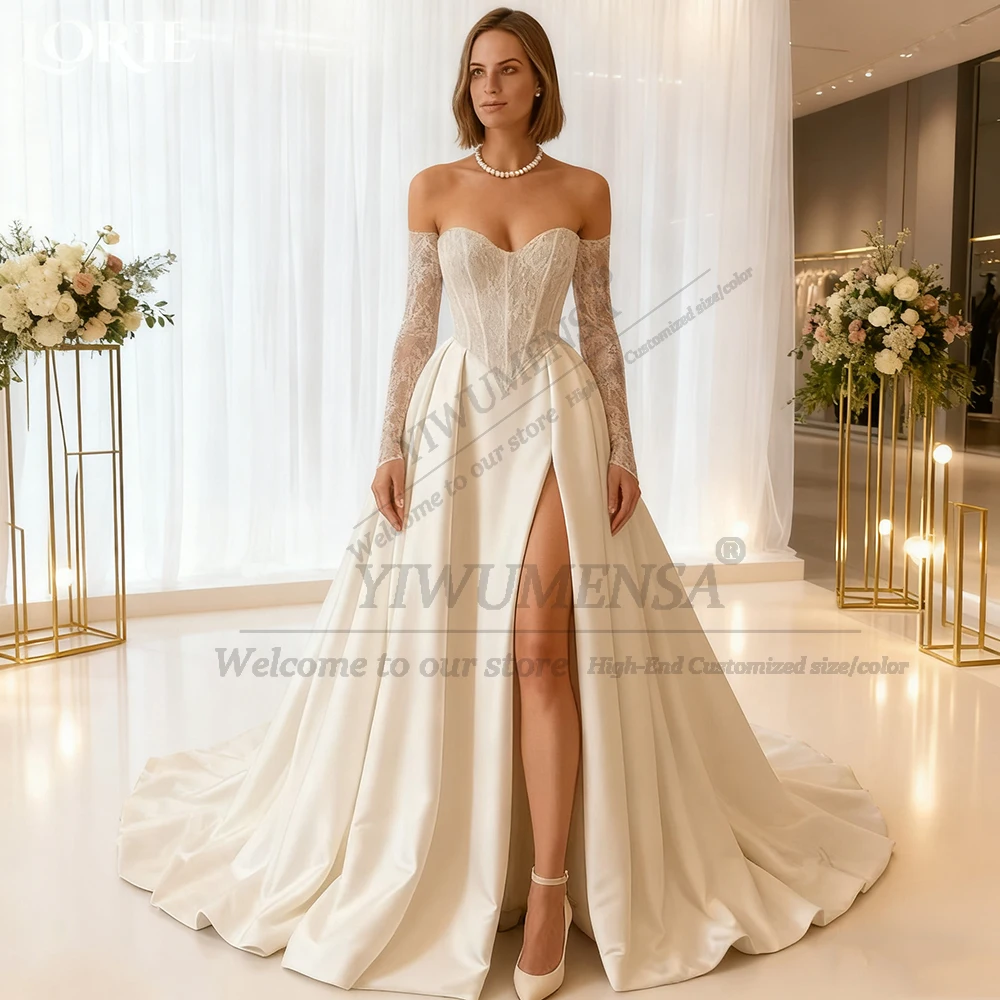 Unique Design Lace Wedding Dresses For Bride Slit Sleeveless A Line Bridal Gowns Princess Women Formal Party Attire Customized