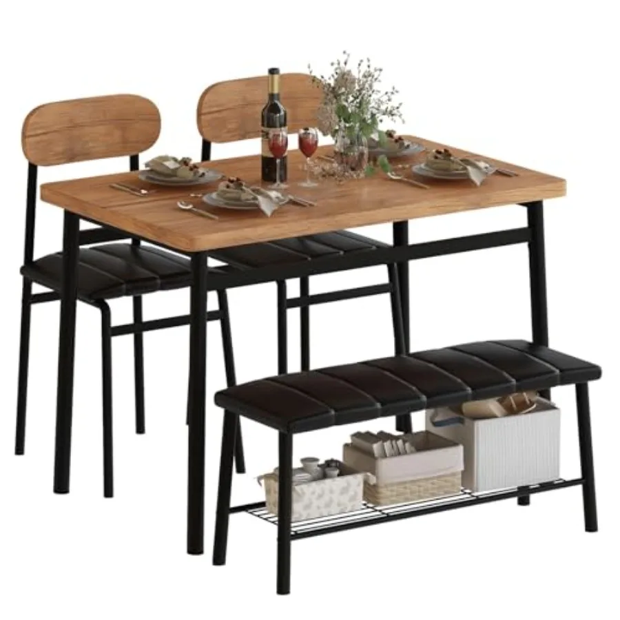 Juego de mesa de comedor de 4 piezas para apartamentos de espacio pequeño con sillas y banco Juego de comedor de cocina compacto en marrón para una vida acogedora Ro