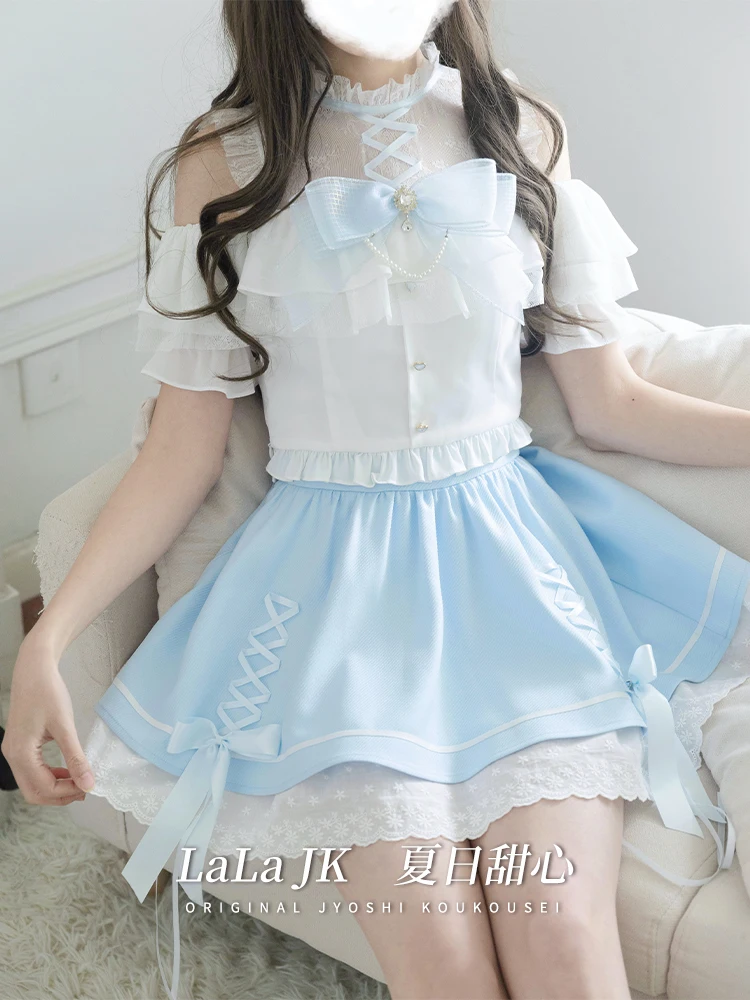 Camisas de manga corta con hombros descubiertos y cuello levantado de encaje estilo Mine japonés, faldas con lazo con cordones y cintura alta, conjuntos de dos piezas para mujer