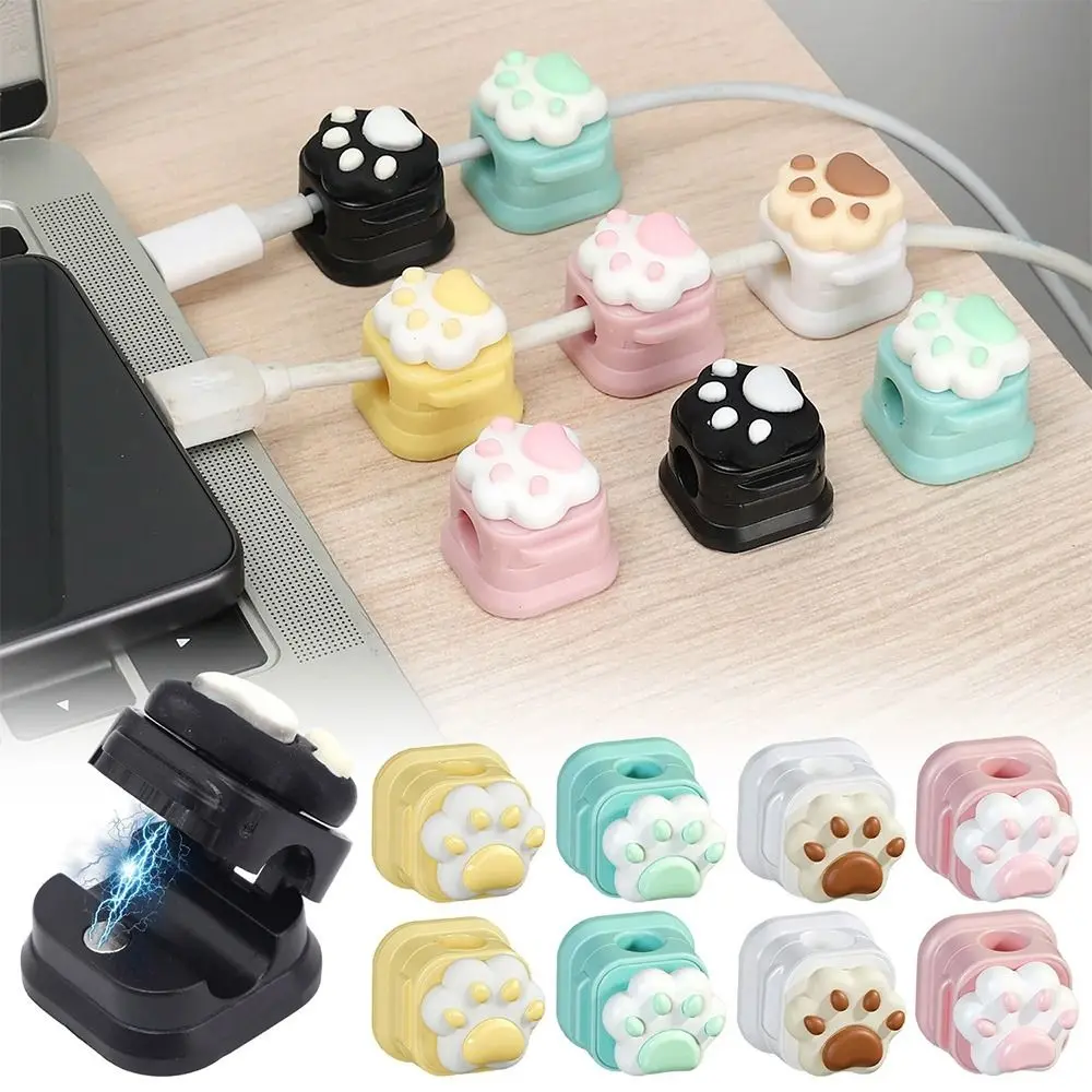 5 pçs bonito organizador de cabo de mesa magnético auto-adesivo 3d gato garra cabo clipe fivela linha de carregamento enrolador