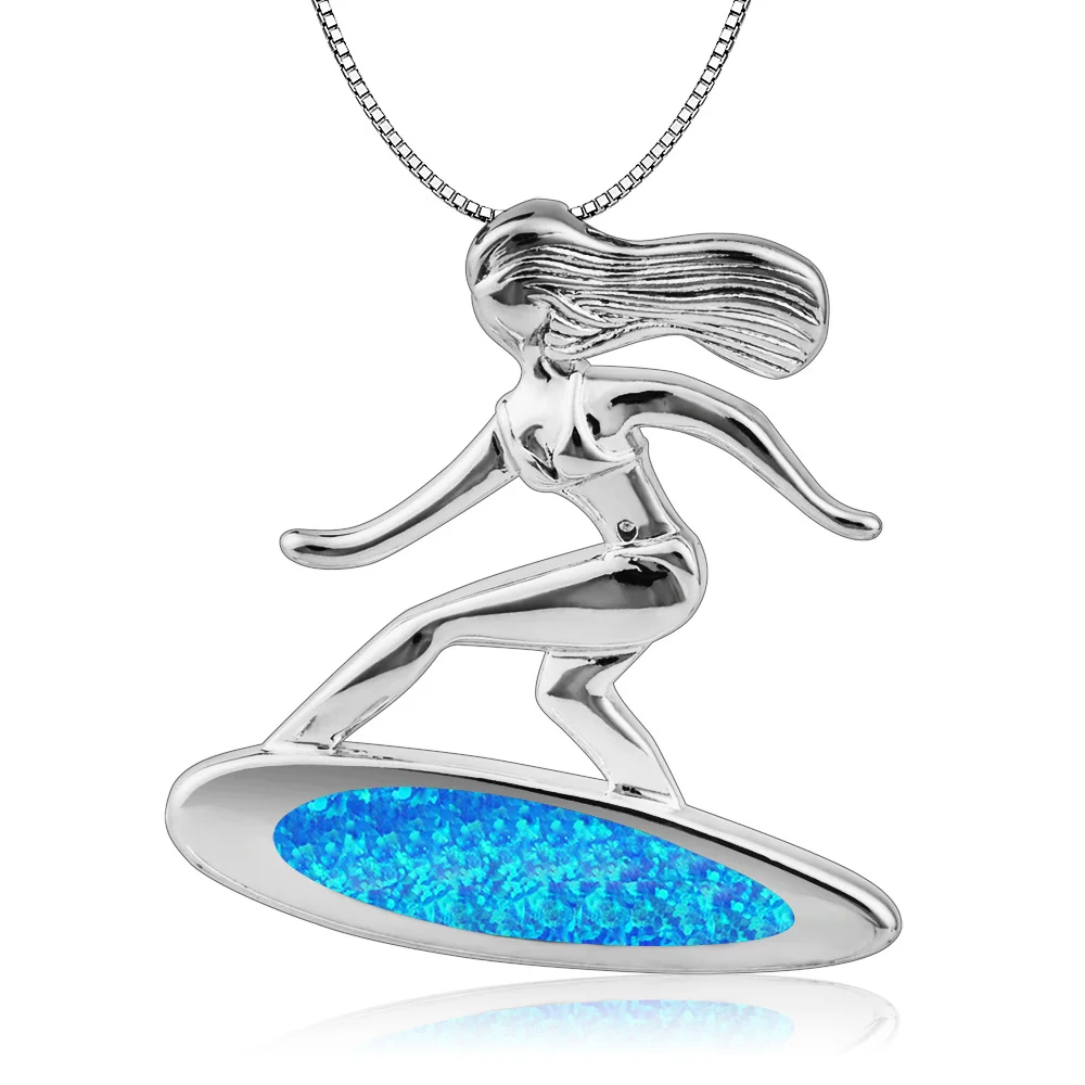 قلادة سيرفر للنساء، قلادة فضية ديناميكية مع أوبال صناعية زرقاء، هدية مجوهرات ركوب الأمواج بسيطة لمحبي الشاطئ