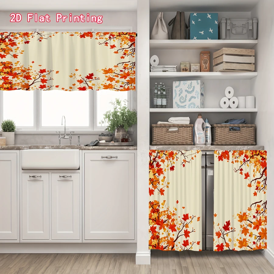 3-teiliges Küchenvorhang-Set mit Herbstblättermuster, Lebendige Herbstlaub-Fensterdekoration für Küche, Bad, Café und Heimdekoration – Detail 10