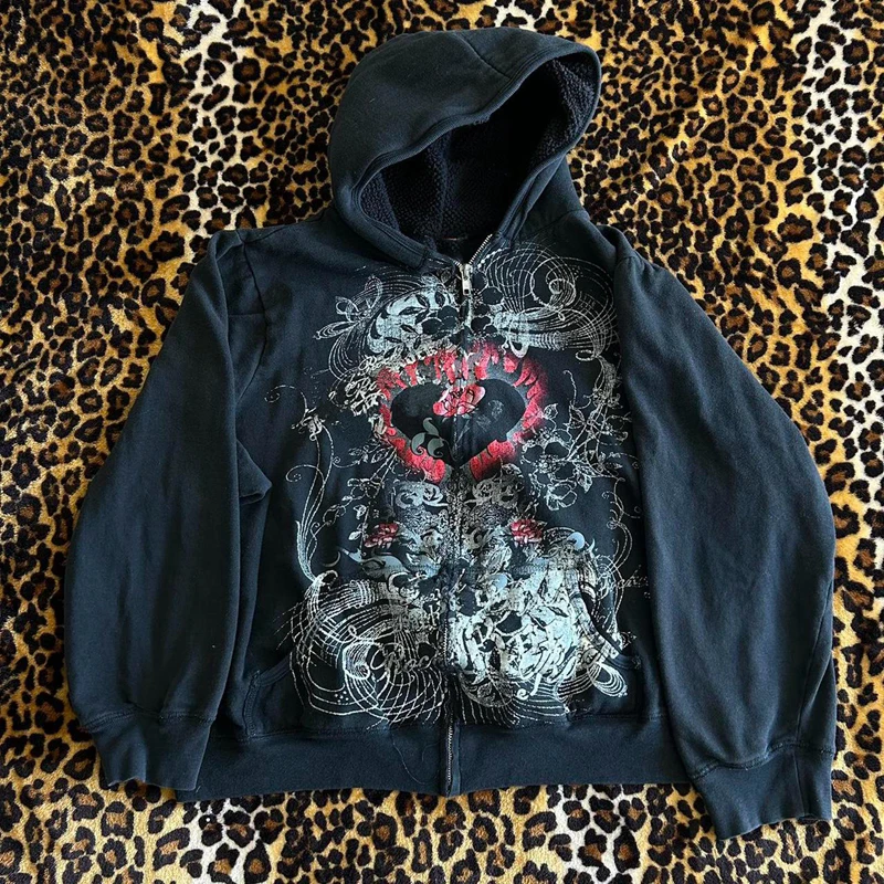 Gothic Heart Print Loose Jacket Autumn Vintage Clothes Japanese Style Emo Zip Up Sweatshirts Harajuku Cyber Grunge Y2K Hoodies