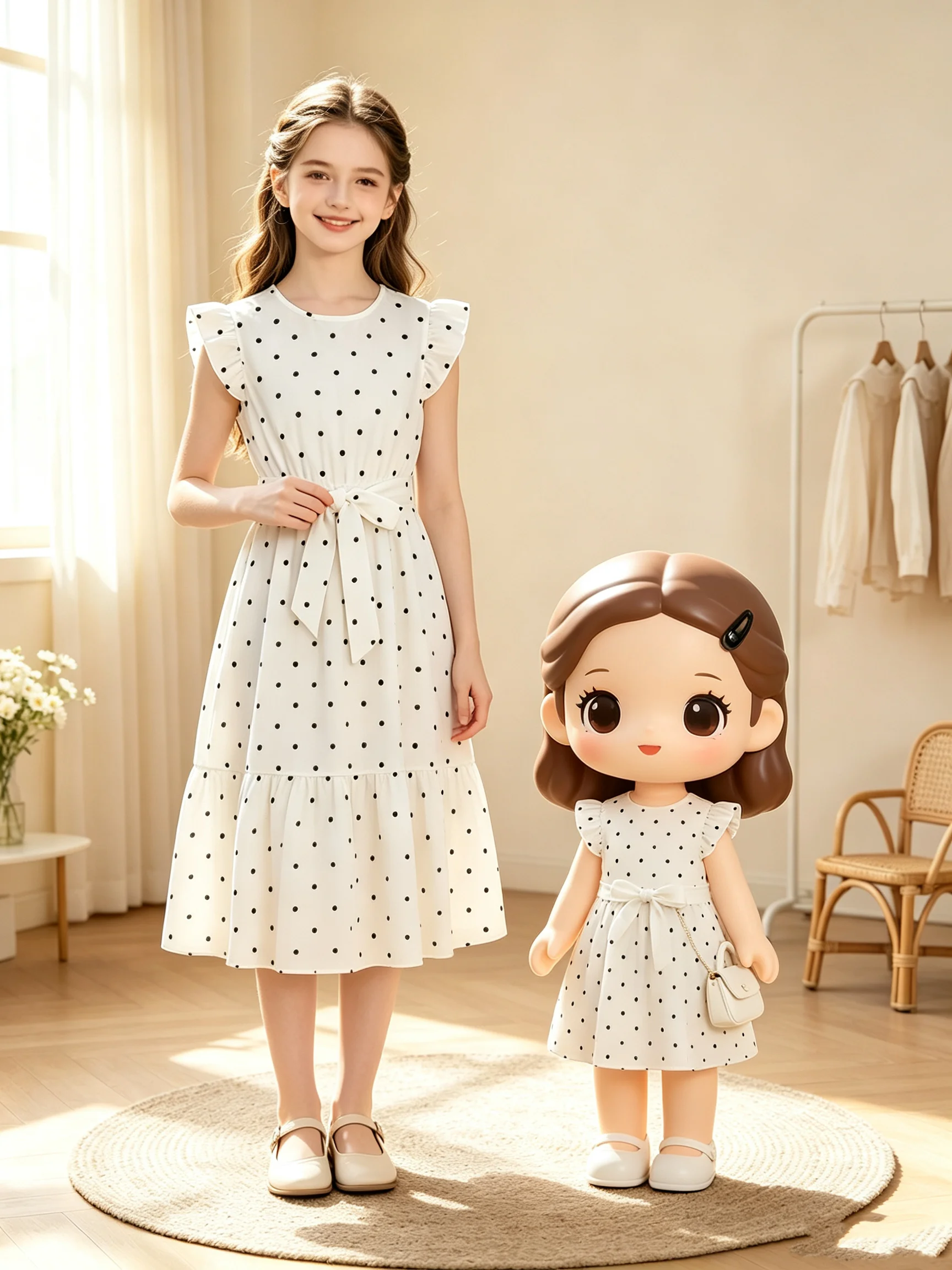 Summer Casual Elegance Girls' Polka Dot Dress Comfortable round Neck Ruffle Sleeves Cinched Waist Lace-Up Long Skirt