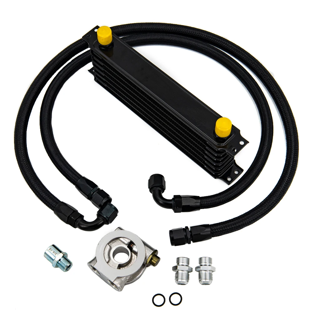 7 Rows Oil Cooler Kit Oil Filter Adapter AN10 Transmission Oil Cooler Kit  With Nylon Stainless Steel Braided Hose