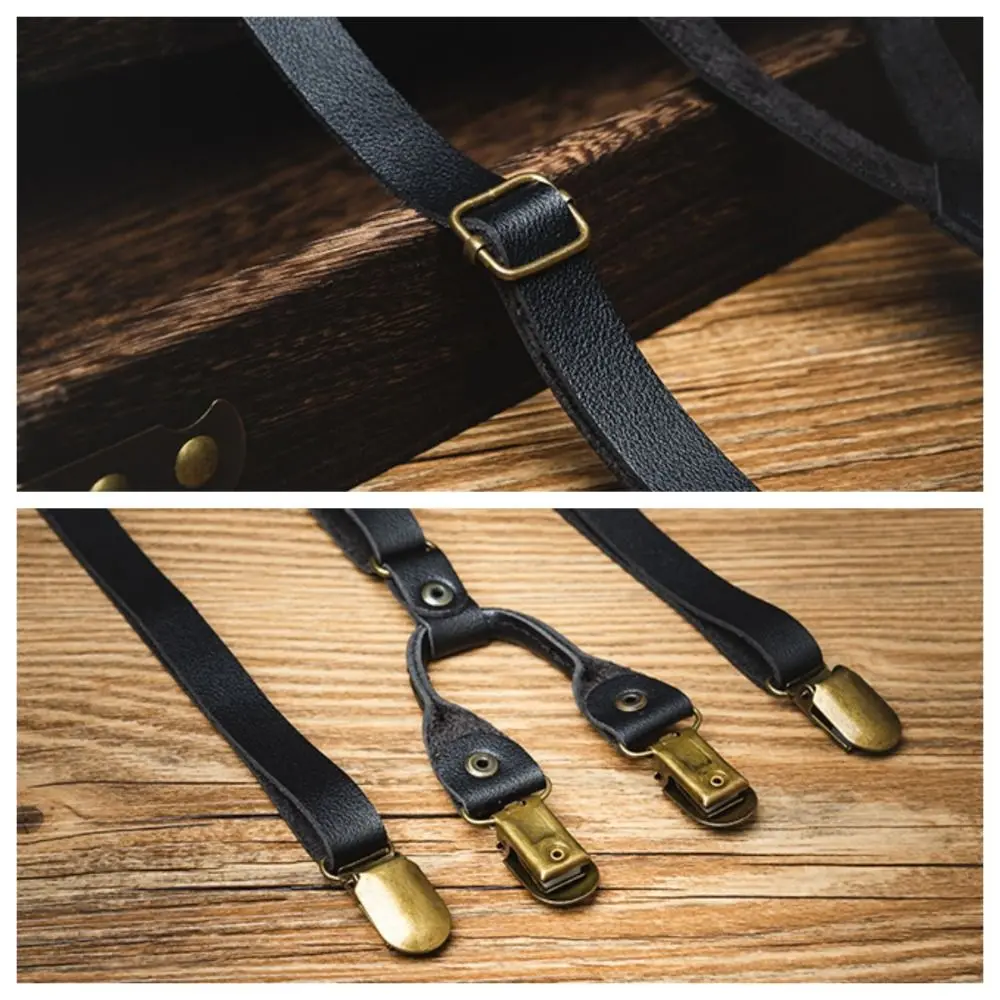 Fashion 1.5CM Suspenders for Men Black Retro Leather Suspenders Metal Clip Anti-slip Suspender Clip Men