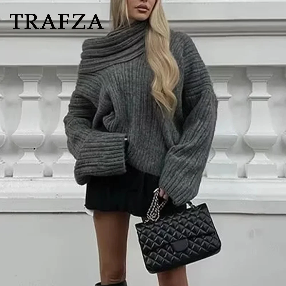 TRAFZA 2023 autunno inverno donna Casual maglioni lavorati a maglia moda Vintage Streetwear Sexy allentato solido Tierred maglioni dolcevita