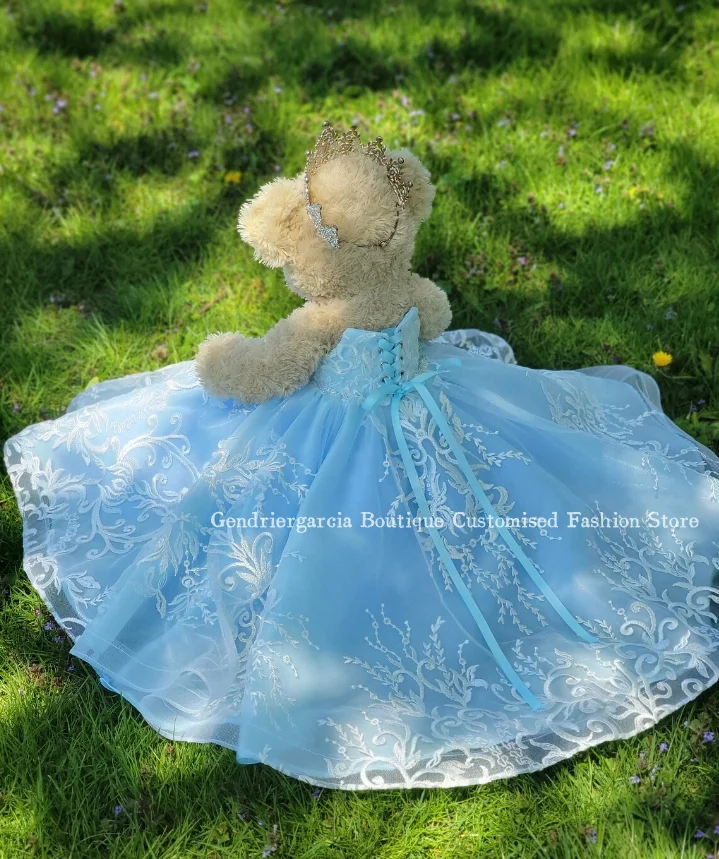 Sky Blue Mini Quinceanera Teddy Bear Gowns Elegant Sheath Tulle Beaded Appliquéd Vestidos de quinceañera Gowns Customised