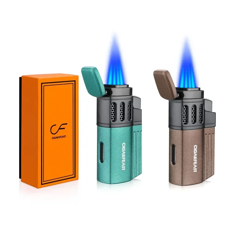 

CIGARFEAST Cigar Lighter 4 Jet Torch Blue Flame Gas Butane Refillable Windproof Lighters Cigar Smoking Accessories with Punch