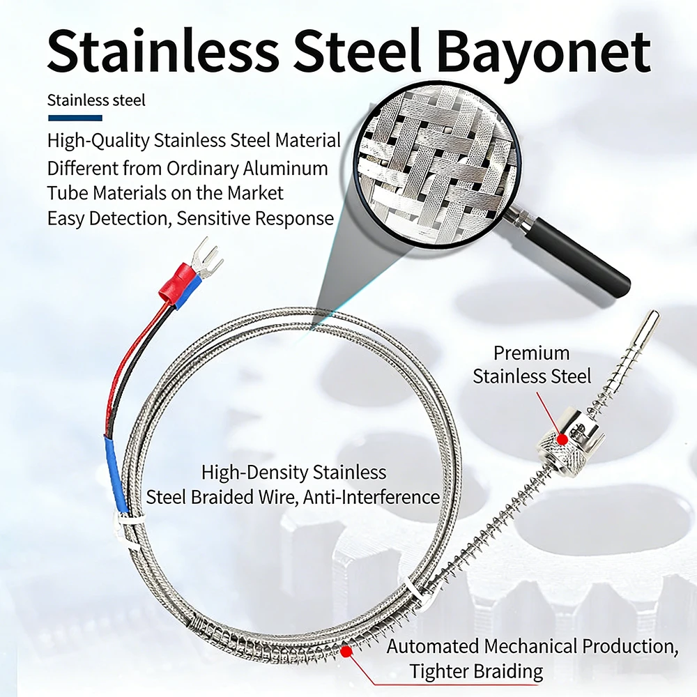 K-Type Bayonet Thermocouple Spring-Loaded Temperature Sensor Probe 1/2/3/4/5M Shielded Cable Stainless Steel Probe