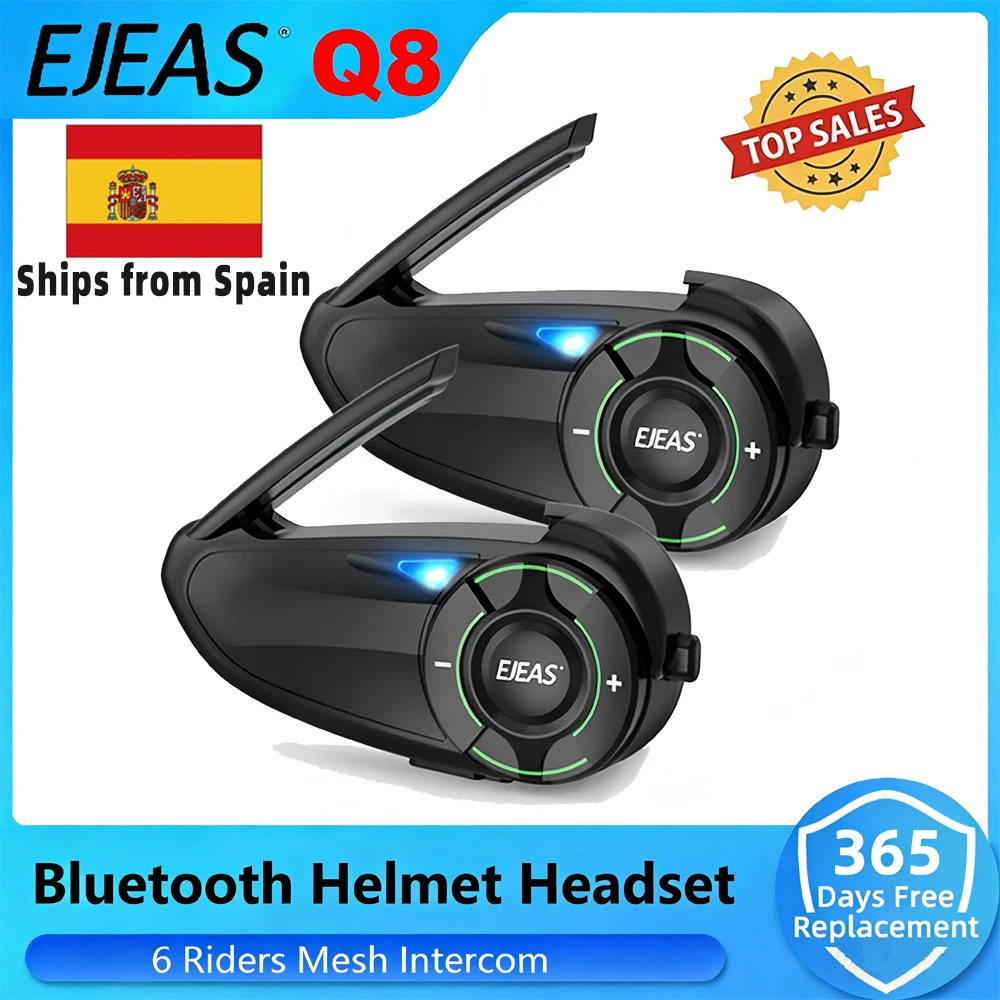 Auriculares para Casco de Motocicleta EJEAS Q8, Intercomunicador de Grupo de 6 Personas, Distancia de 1000 m, Indicaciones de Voz en Varios Idiomas, Resistente al Agua IP67