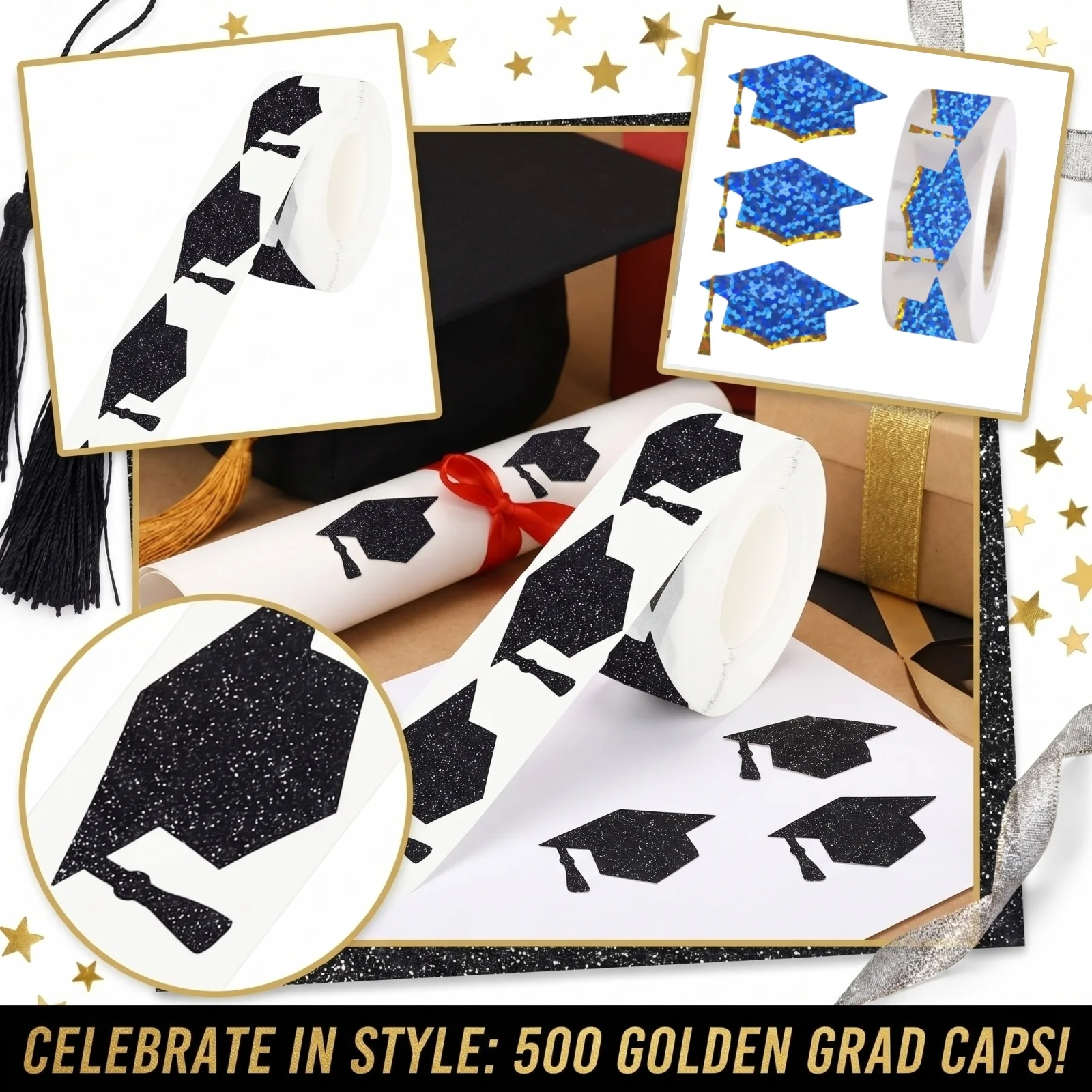 500 autocollants/rouleau, autocollants pour chapeau de diplômé, autocollants pour célébrations, étiquettes cadeaux, étiquettes pour chapeau de diplômé, autocollants de scellage
