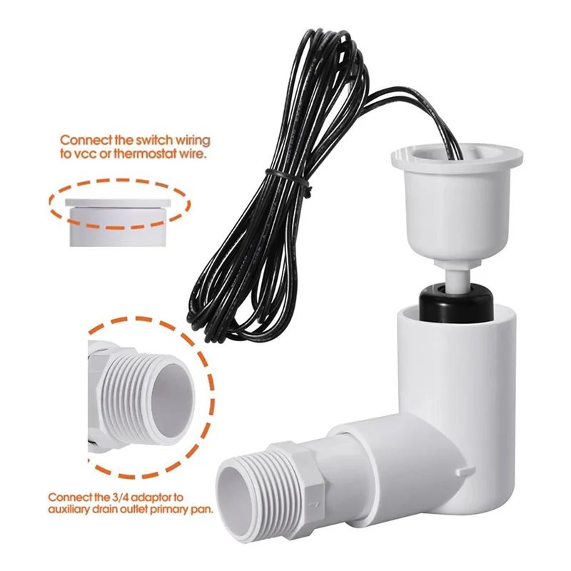 ABZC-2X SS2 تعويم التبديل L-شكل مع محول 3/4 بوصة وسلك 6Ft المياه تعويم التبديل لمنفذ مكثف عموم التصريف HVAC #3