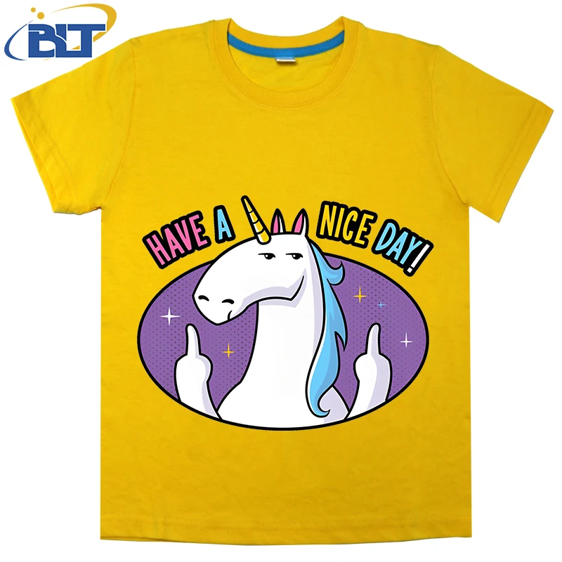 Camiseta con estampado de unicornio para niños, tops informales de manga corta de algodón para niños y niñas, Have a nice day, Verano