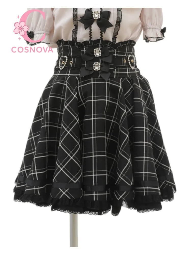 

Japanese Lolita Plaid High Waist Skirt Bow Buckle Back Elastic Slim Fit Puffy Mini Skirt with Inner Shorts Cute Sweet Outfit New