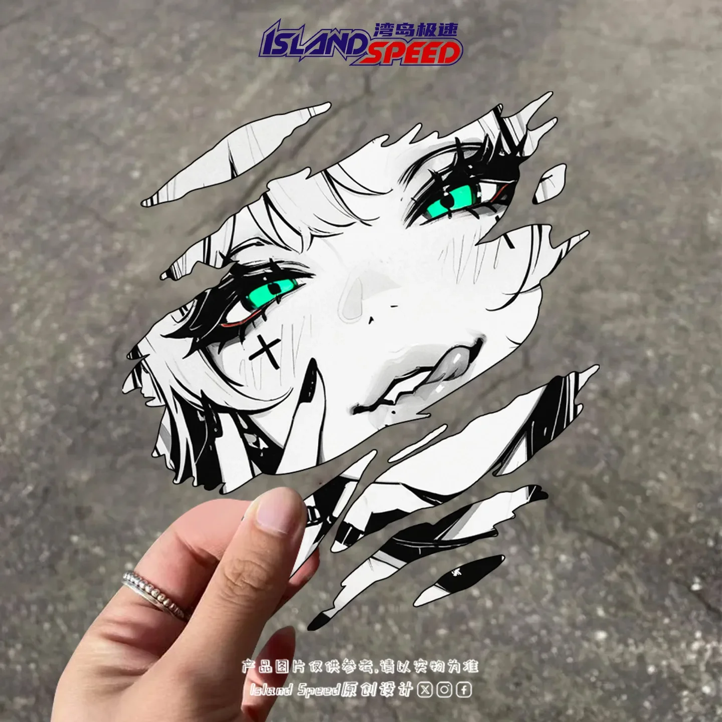 Torn Paper Green Eye Anime Girl Punk Cross Stickers For Car Motorcycle