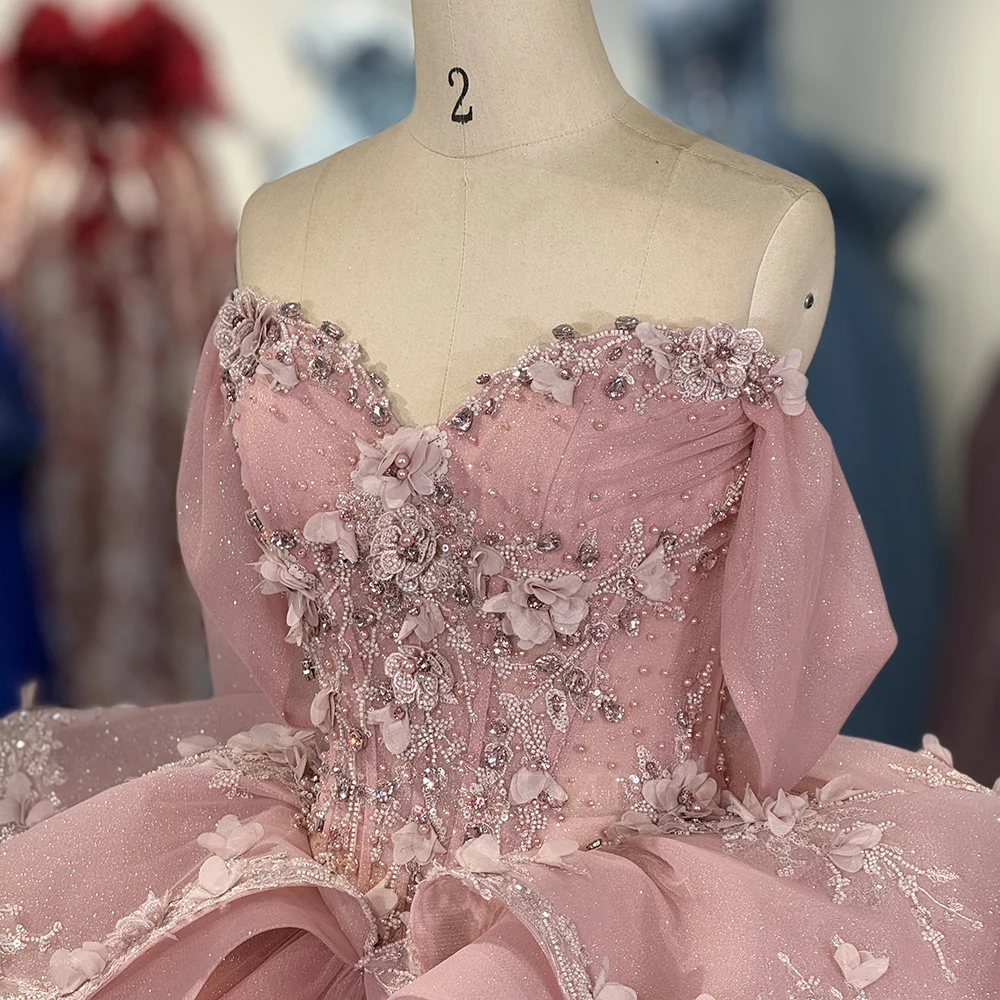 Rose princesse robe de bal Quinceanera robes vestido de 15 quinceañera scintillant 3D fleur dentelle à plusieurs niveaux fête d'anniversaire personnalisé