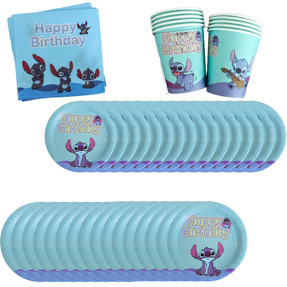 Stitch Theme Birthday Decorations Party Disposable Tableware Paper Napkins Cups Plates Tablecloths Straw