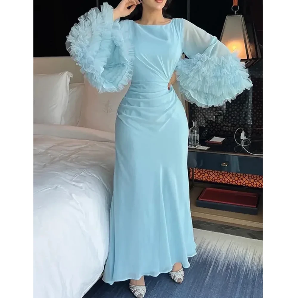 

Dream with Ruffles Long Sleeves Evening Dress Scoop Neck A-Line Ankle Length Women Chiffon Customized فستانين سهره نسائي فخمه