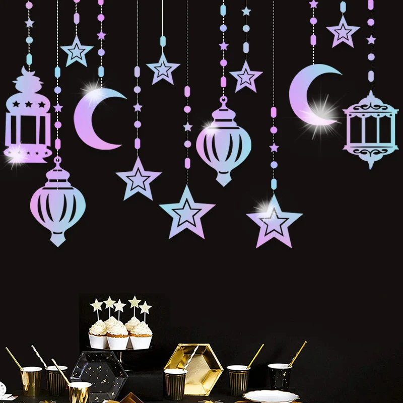 Mubarak Swirl Banner Star Moon Ceiling Hanging Ornament Ramadan Kareem Decoration for Home 2024 Islam Muslim Party Supplies