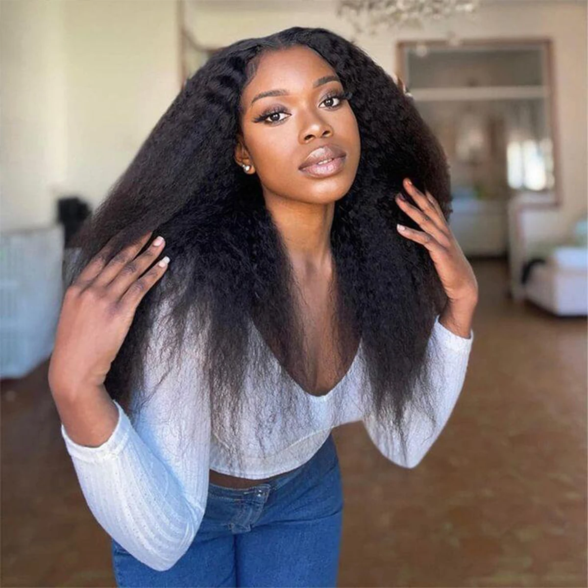 

Synthetic African Straight Headband Wigs Natural Black Medium Length Hairstyle Women's Wig Afro Yaki Kinky Daily Ladies Hair