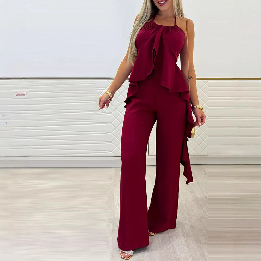 Conjunto de calças e top sem costas com decote, calças cridas de pernas largas, conjunto f e, coleção de ver...