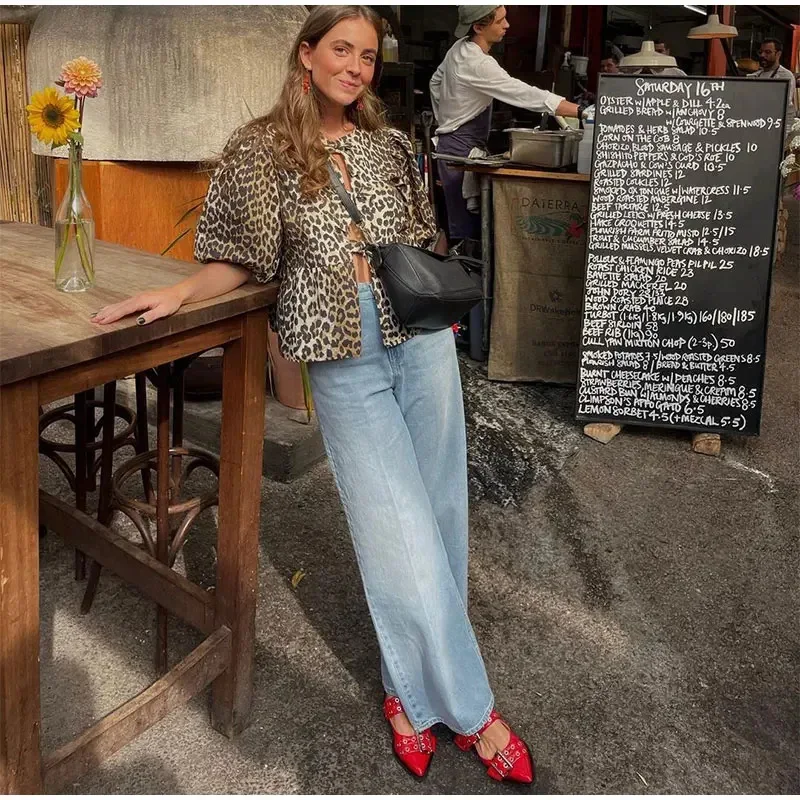 DAYIFUN 2024 Summer Lace Up Design Blouses Women's Leopard Printed Shirts Temperament Casual Bubble Short Sleeve Blusas Cardigan