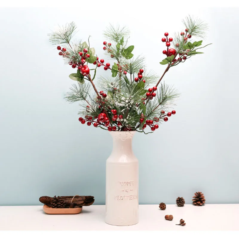 

Artificial Red Berry Snow Pine Needles Branch Fake Plants Christmas Home Living Room Decoration Flower Arrangement Photo Props