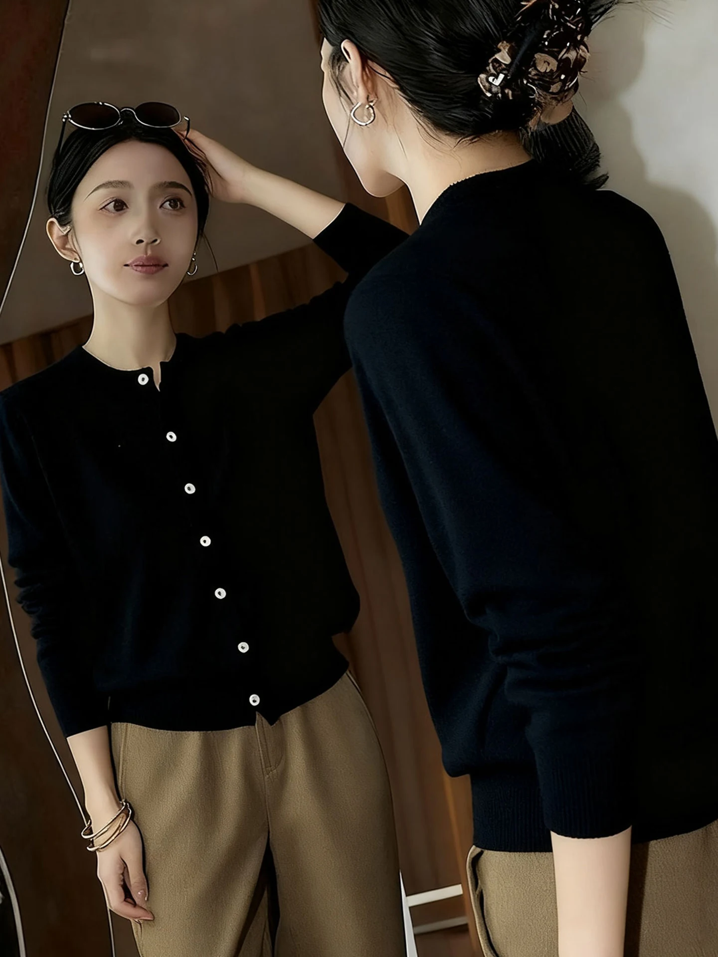 

Ele Pure Color Long Sve Knitwear Cardigan Commute Sle Winter Sweater Leisure Feel Korean Version Slim Fit Camere