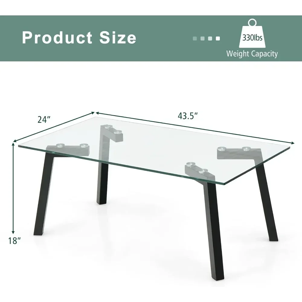 Tempered Glass Coffee Table, Rectangular Center Table with Heavy Duty Metal Frame, Modern Cocktail Table, 44 x 24 x 18 Inch