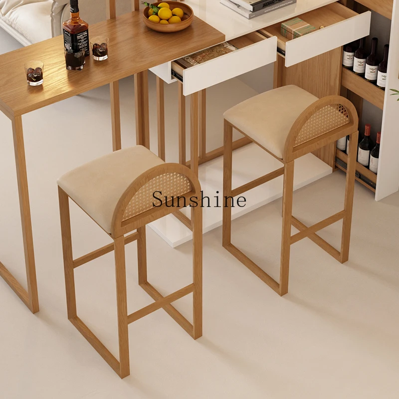 Nordic all-solid wood bar chair household high-footed small apartment log rattan back chair