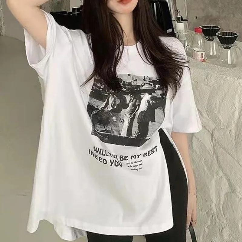 【مقاس كبير】تي شيرت نسائي صيفي كبير الحجم بأكمام قصيرة، بلوزات فضفاضة مطبوعة بمقاسات كبيرة، تي شيرت عصري قديم #5