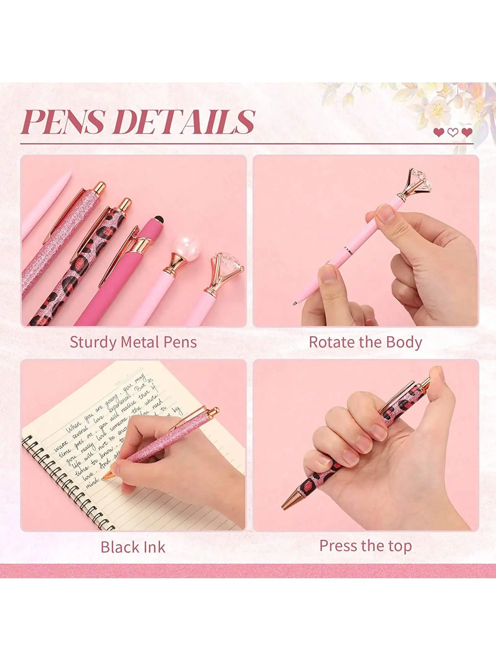 6 Pcs Ballpoint Pens Set Metal Crystal Diamond Pen Liquid Sand Glitter Pen for Journaling Black Ink Pretty Cute Pens Fancy Pens