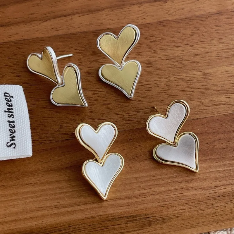 

Minar New Luxury Double Color Brushed Metal Love Heart Long Drop Earrings for Women Real Gold Silver Plated Copper Daily Jewelry
