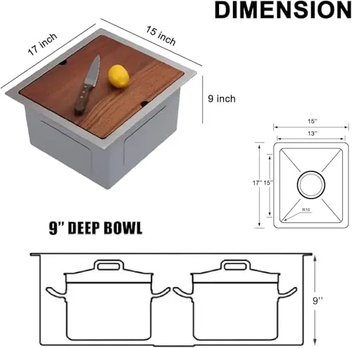 

17x15 Inch Stainless Steel Undermount Single Bowl Bar Prep Sink For Kitchen RV Wet Station 16 Gauge With Drain Accessories