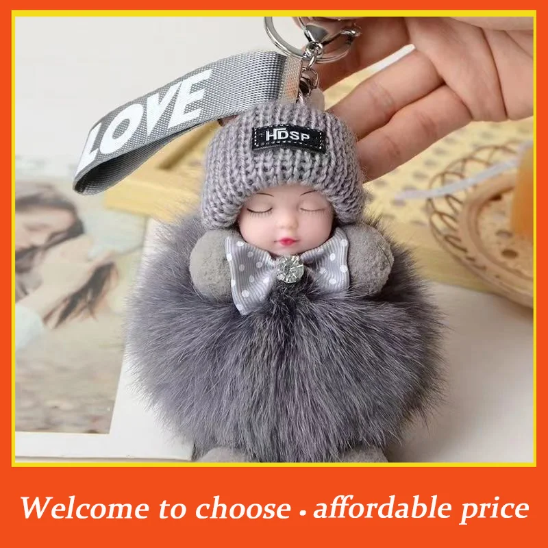 "Sleeping Baby Keychain Cute Fluffy Plush Doll Keychains Women Girl Bags Keyrings Cars Key Ring Gift Charming Decoration