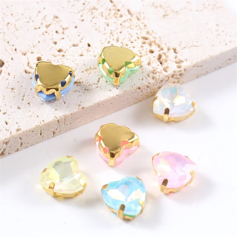 Jelly Crystals Heart Sewing Glass Stones With Gold Claw Flatback Rhinestones For Clothes needlework DIY Wedding Dress Shoes Bags