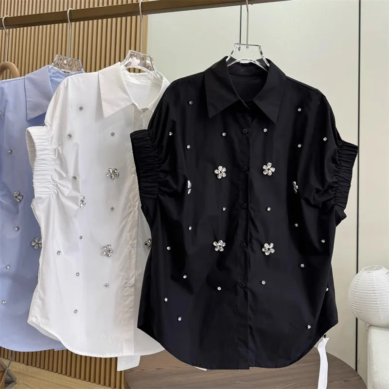 

Design Sense Heavy Beading Embroidery Shirt Loose Slimming Youthful Blouse Women's Short Sleeve