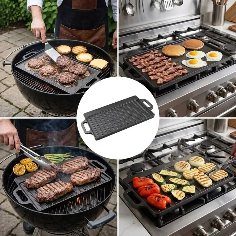 2025 New Wrought Iron Double Sided Grill Griddle Pan For Even Heat Distribution Suitable For Gas Electric Induction Cooktops