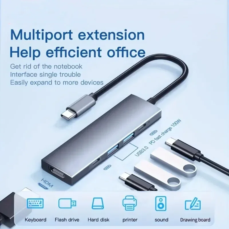 محور USB C للكمبيوتر المحمول 5 في 1 مع HDMI 4K، توصيل طاقة 100 وات، منافذ بيانات 2USB-A، محول متعدد المنافذ لجهاز MacBook Pro/Air