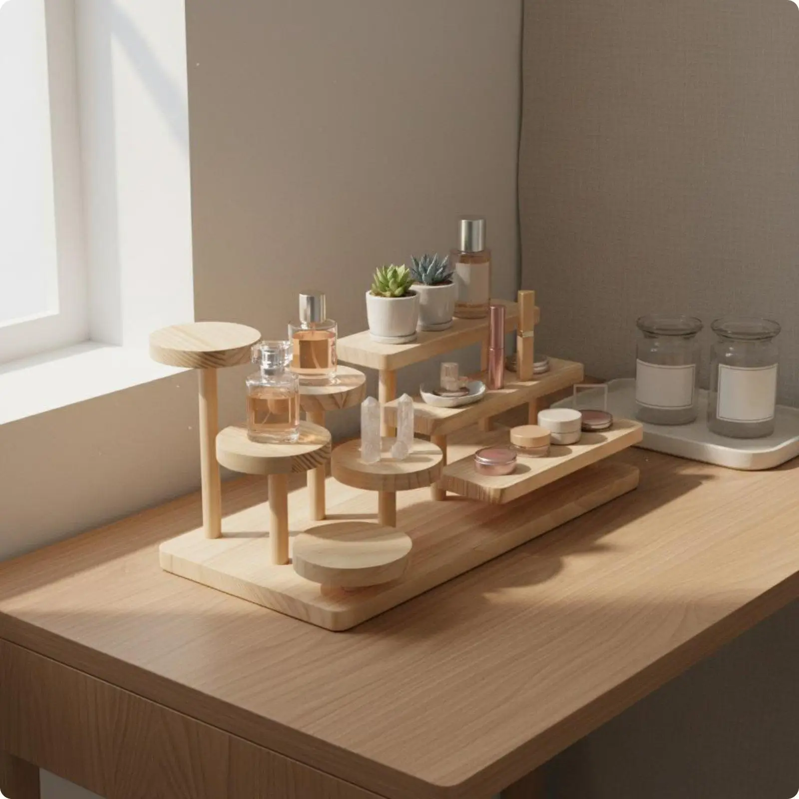 Tiered Display Shelf Solid Wood Storage Rack Desktop Organizer for Office Decor Shelf Display Furniture