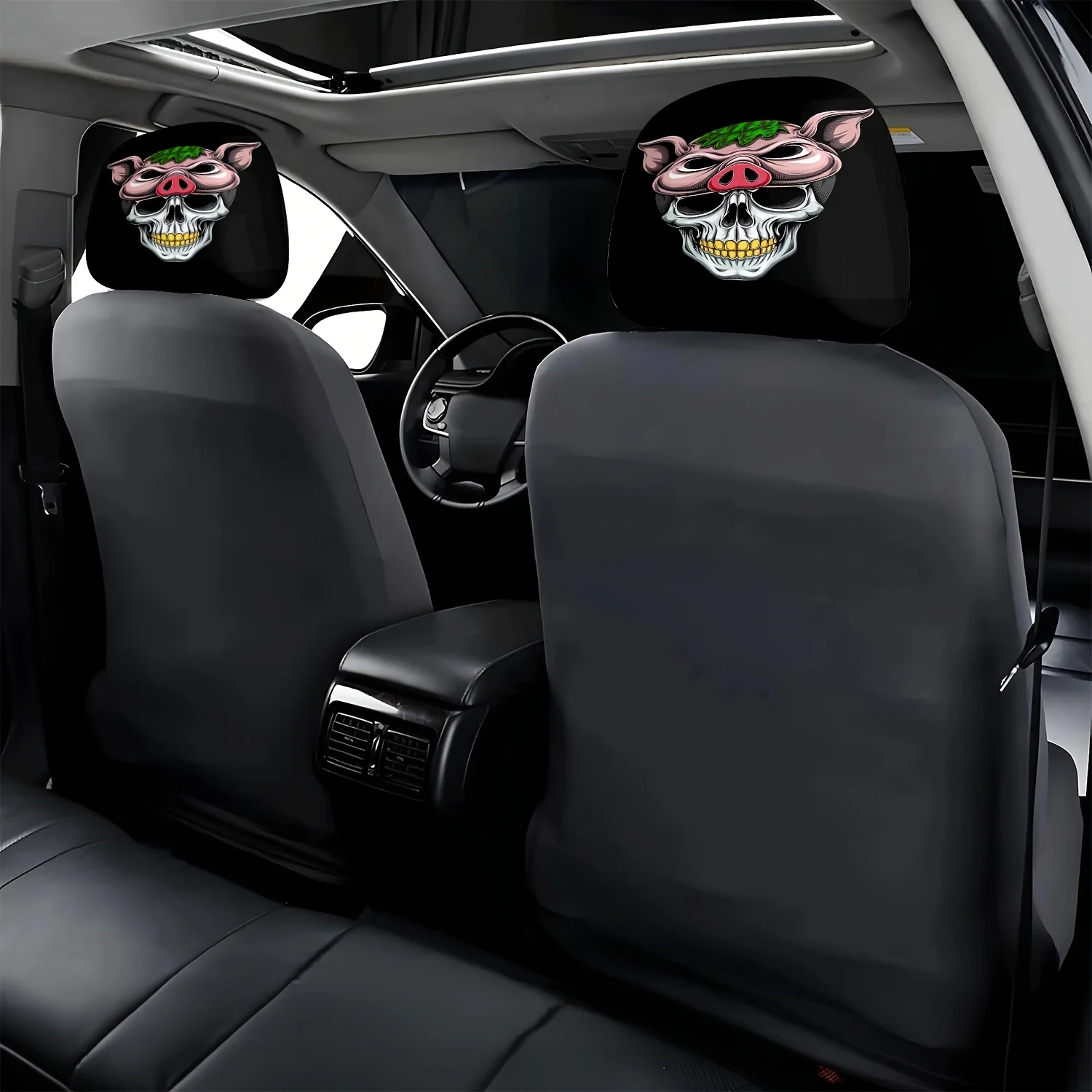 Pig Skull Golden Teeth Green Leaves Print Car Headrest Covers, Breathable & Dust-Proof, Quirky Car Atmosphere Headrest Covers