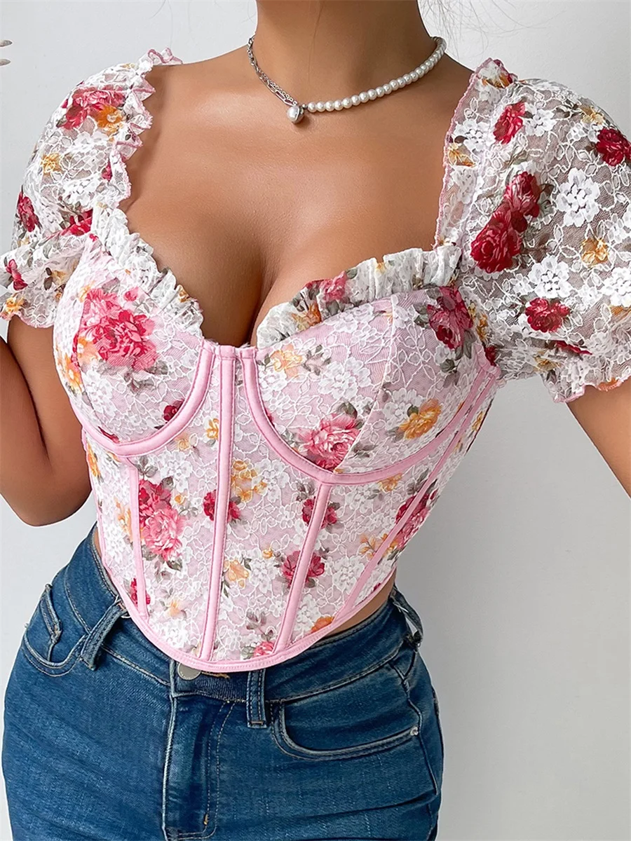 Women's Lace Crop Tops Short Sleeve Sweetheart Neck Floral Print Slim Fit T-Shirts Aesthetic Clothes