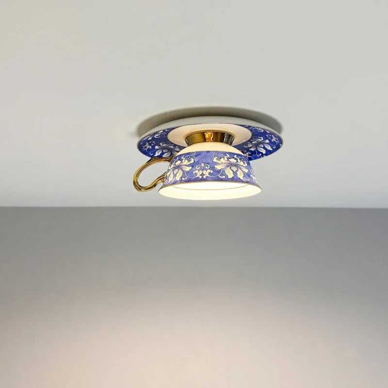 TechHPChinese Style Blue And White Cup Ceiling Lights Dining Room Kitchen Cafe Fixtures Indoor LED