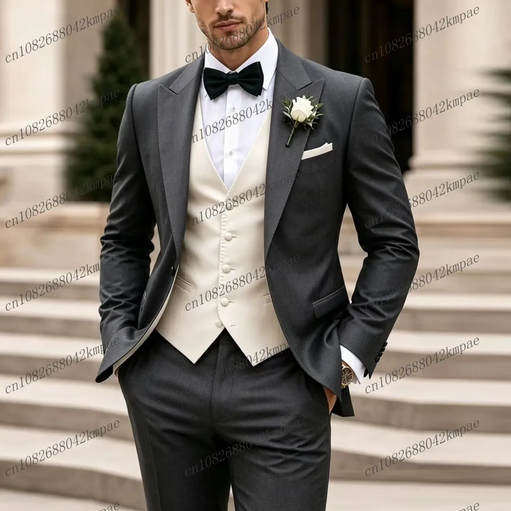 Grey And White New Formal Men Suit Groom Groomsman Wedding Party Prom Business Male Tuxedos 3 Piece Set Blazer Vest Pants